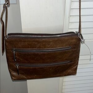 Hobo The Original Brown Leather Crossbody Messenger Bag with Front Zip Pockets